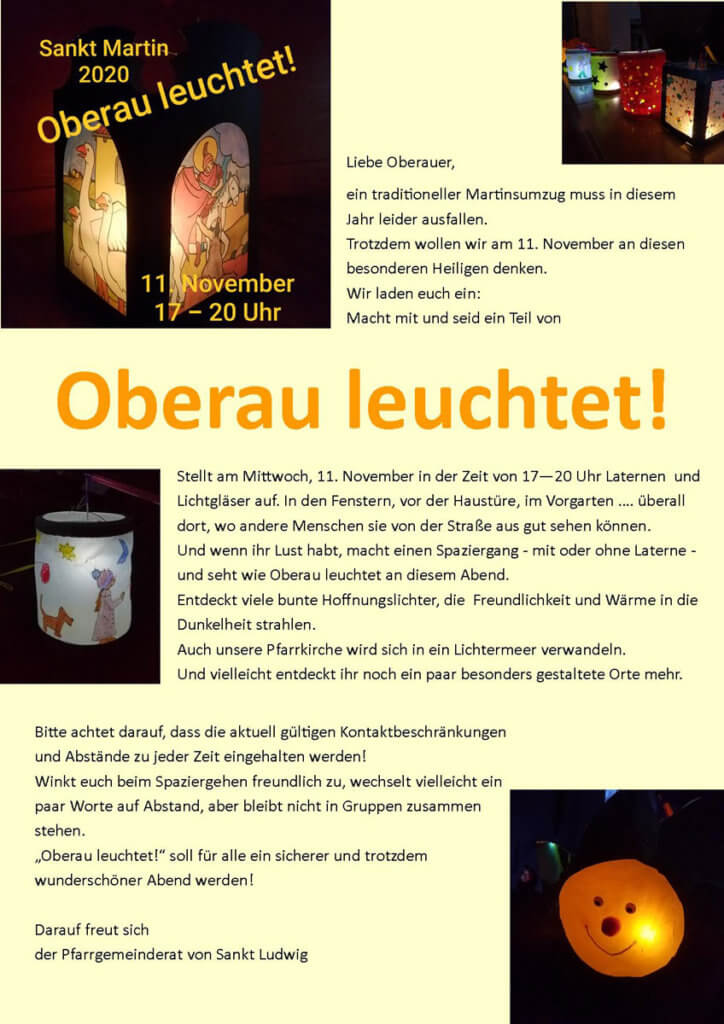 Oberau leuchtet! Aushang zur Aktion zu St. Martin 2020 in St. Ludwig Oberau